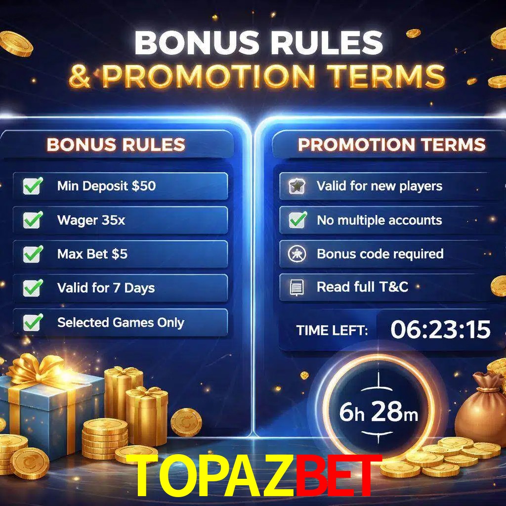Reglas de promoción TOPAZBET y condiciones de bonos explicadas visualmente