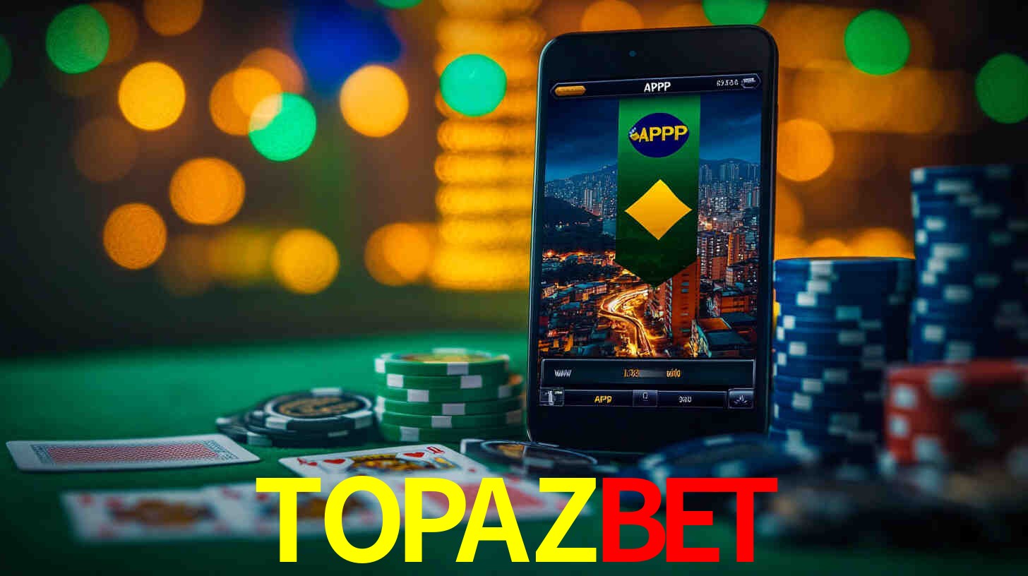 Escena dinámica inspirada en casino con iluminación TOPAZBET, cartas, fichas e íconos de juegos digitales en un espacio moderno de juegos.