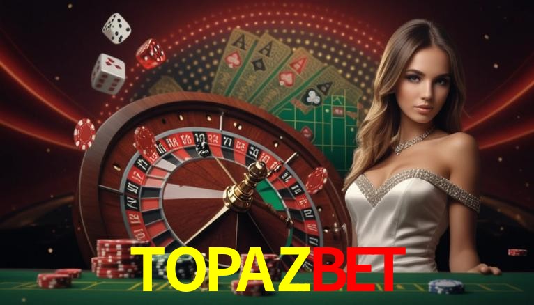 Una escena digital vívida inspirada en casino con TOPAZBET mostrado prominentemente, luces brillantes, fichas, cartas y acentos dorados.