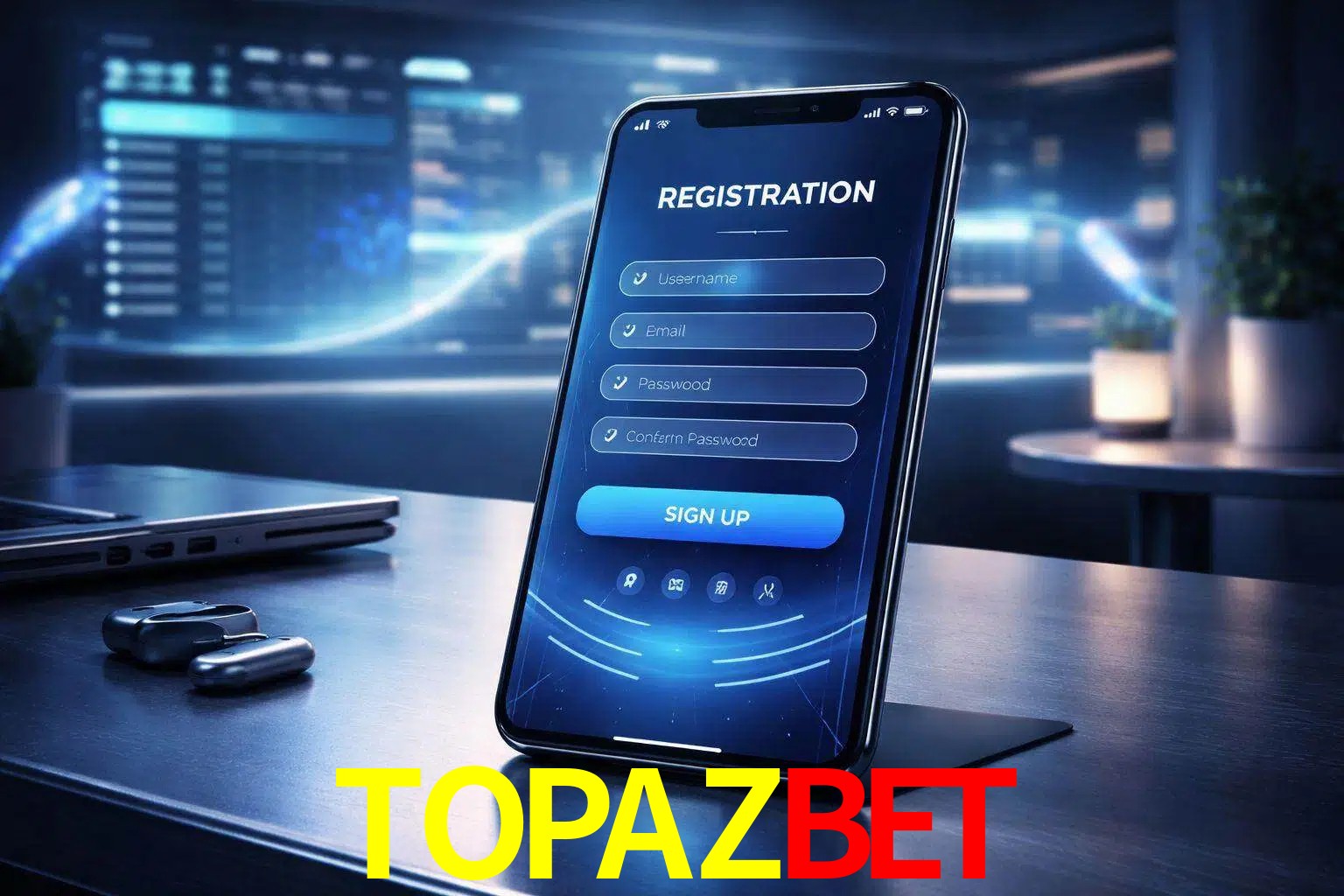 Una interfaz moderna de registro móvil para TOPAZBET mostrada en un smartphone con un panel de apuestas elegante.
